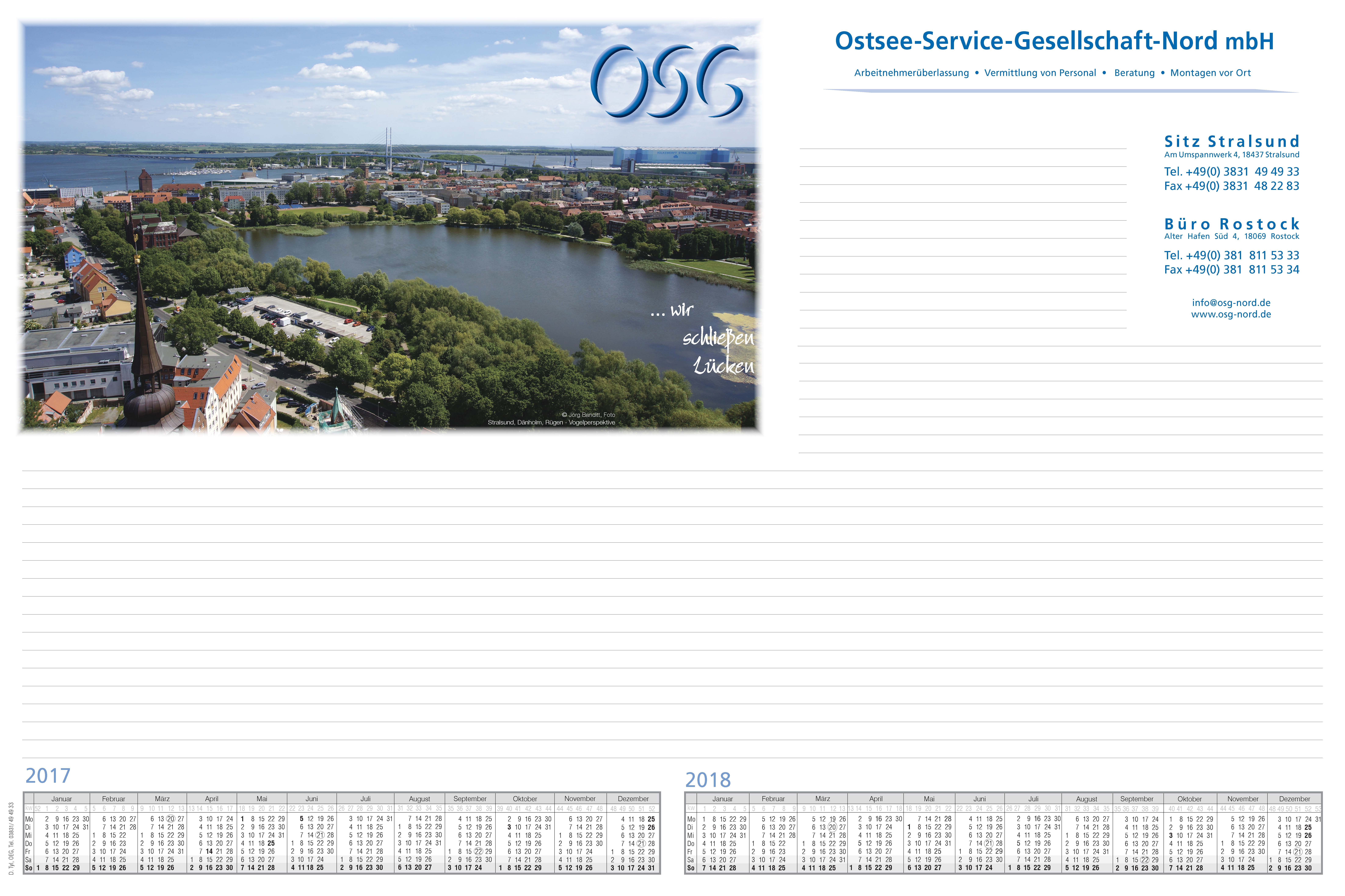 Schreibtischunterlage 2017/2018 für die Ostsee-Service-Gesellschaft-Nord mbH in Stralsund